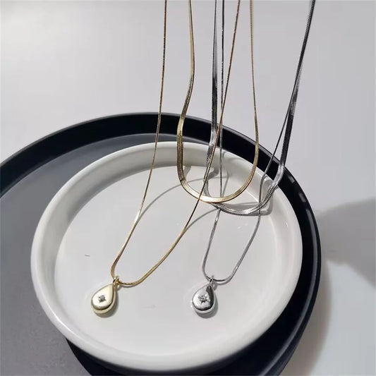 Double lLayer Water Droplet Necklace Popular, Niche, Simple, Layered Collarbone Chain, Sweet And Cool Style