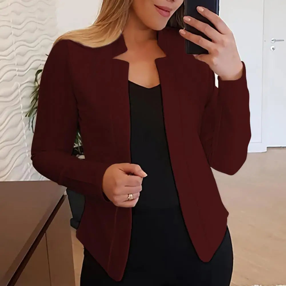 Jacket Chic Lightweight Women Office Work Notched Collar Open Stitch Cardigan Outerwear
