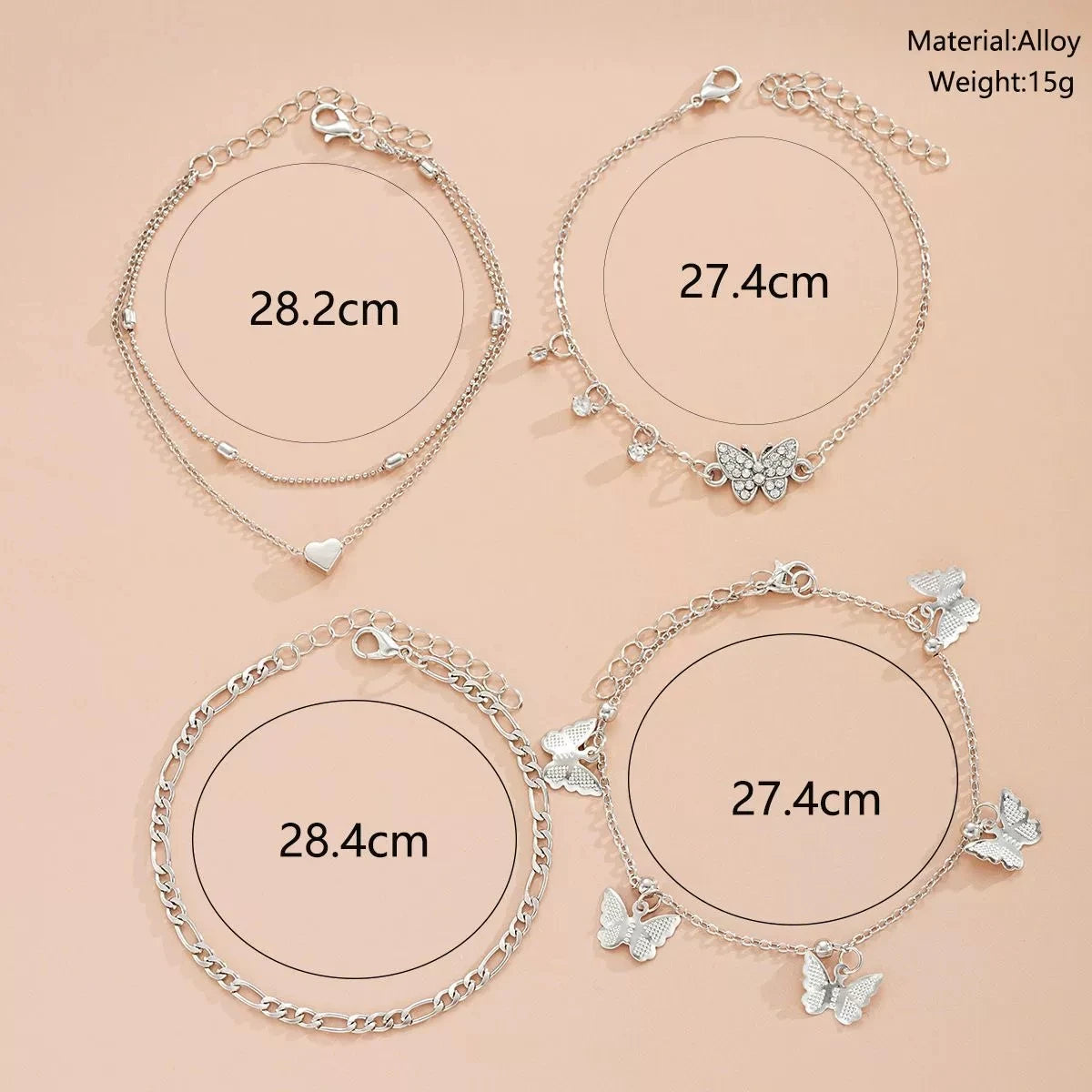 New Holiday Beach Butterfly Multi layer Foot Chain Creative Round Bead Peach Heart Chain Foot Chain Set 4-piece