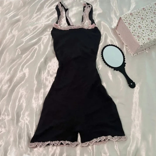 Bodysuits Sexy Y2k Women Clothing Vintage 90s Lace Punk Kawaii Slim Jumpsuits High waist Streetwear Casual Playsuit Overalls Top