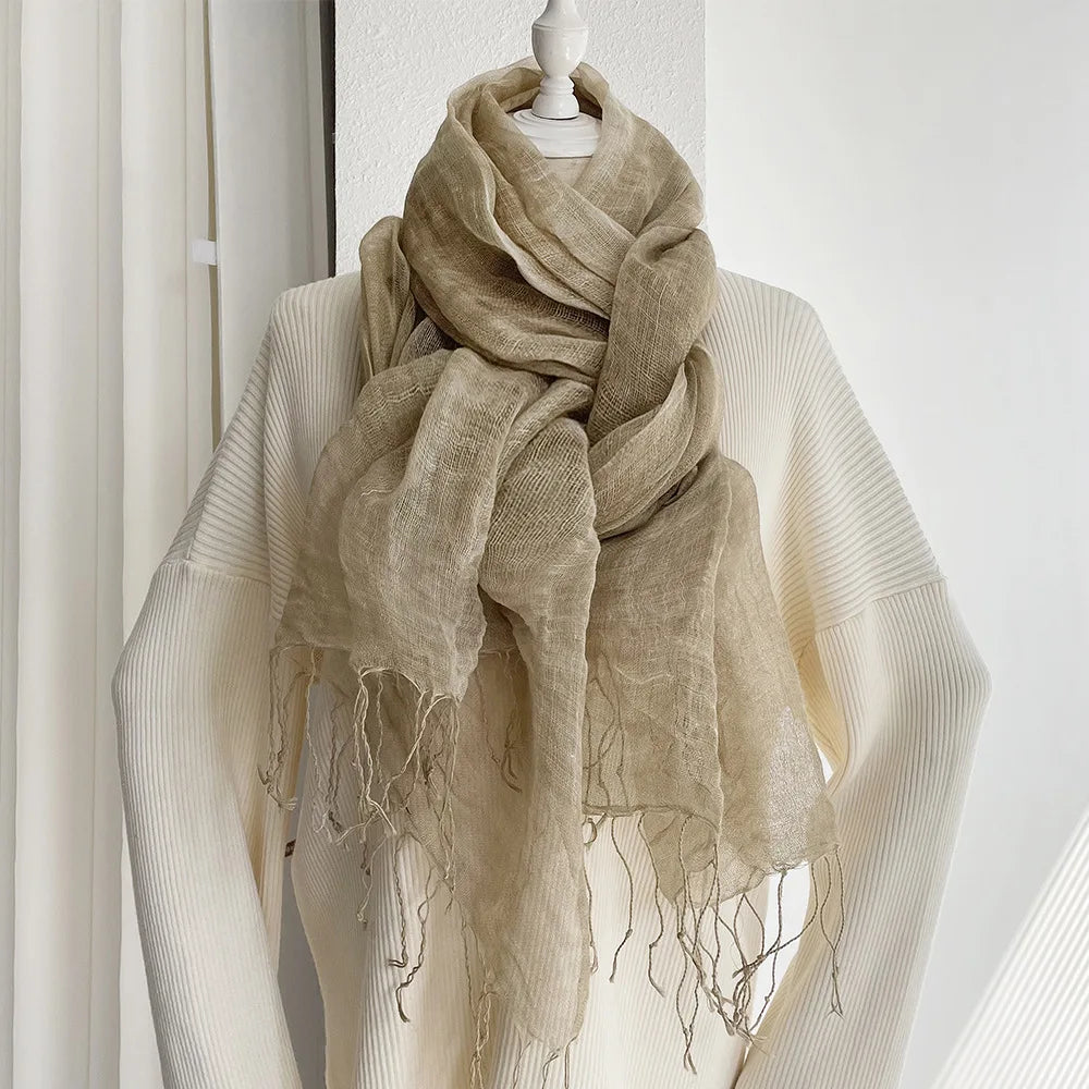 Men/Women Tassels Linen Scarves Shawls Wraps Autumn Sunscreen Linen Scarf Women's Solid Color Tassel Shawl for Women