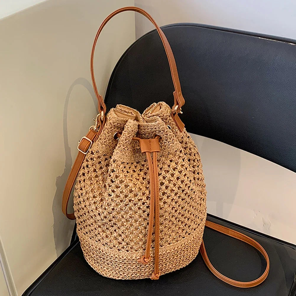 Summer Women Handbags Drawstring Straw Beach Crossbody Bags Adjustable Strap Casual Simple Portable Elegant for Weekend Vacation