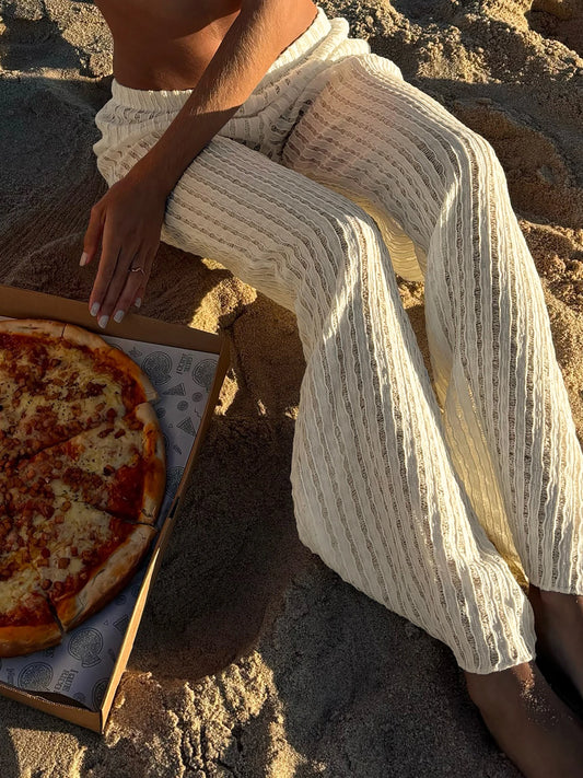 Weekeep Beachwear Hollow Out Knitted Casual Pants White Low Rise Loose Straight Pants y2k Aesthetic Women Holiday Style Trousers