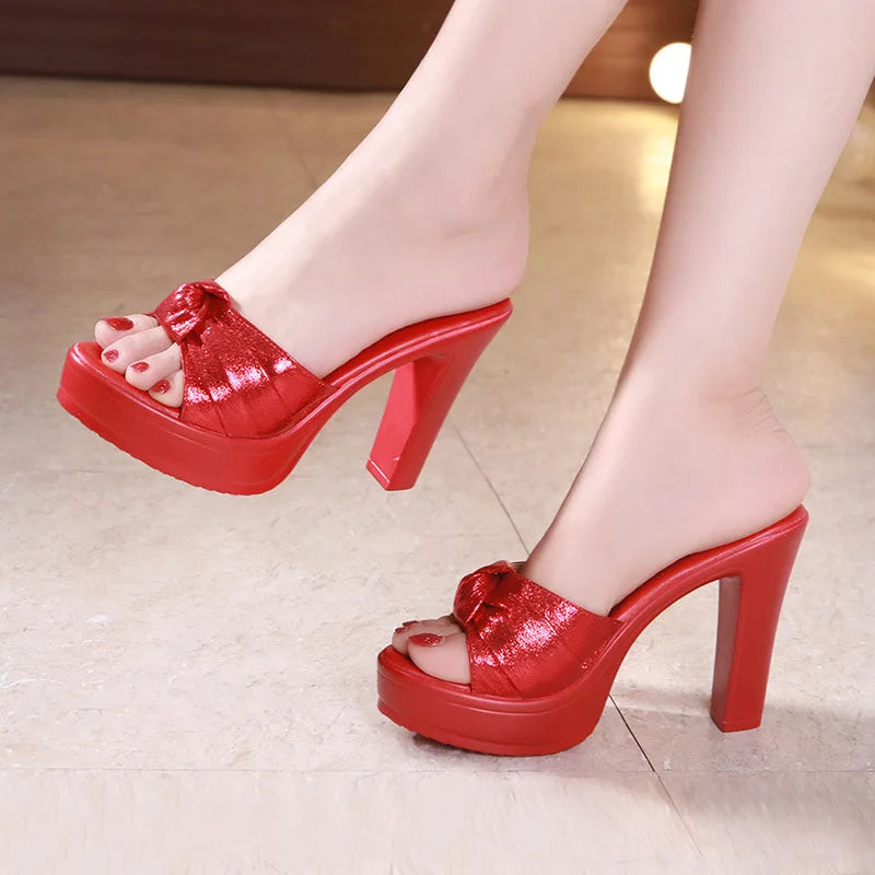 High heels platform slippers woman wedding shoes summer open head bow high heels slippery ladies slippers