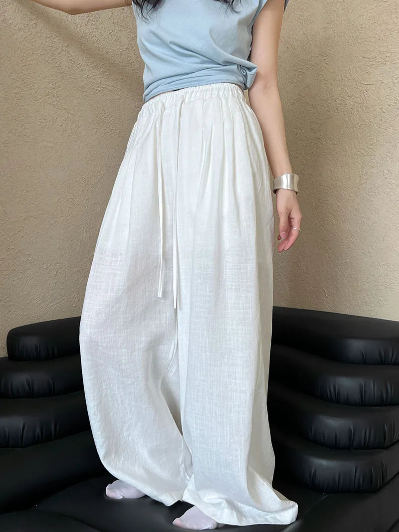 Linen Cotton Long Pant Elastic Waist Casual Slimming Wide Leg Pants For Women's Summer
