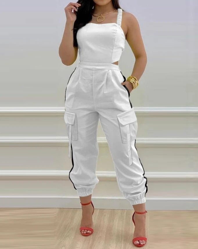 Women's Jumpsuit Fashionable New Contrast Paneled Square Neck Sleeveless Jumpsuit Casual Shirred Pocket Design Cargo Romper