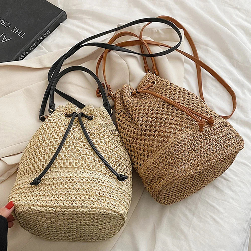 Summer Women Handbags Drawstring Straw Beach Crossbody Bags Adjustable Strap Casual Simple Portable Elegant for Weekend Vacation