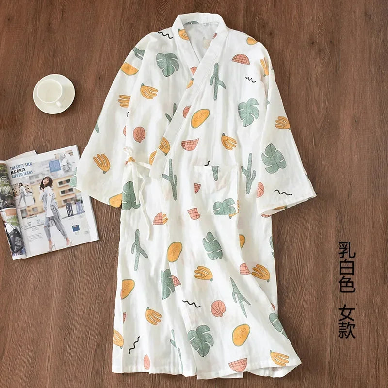 Japanese Style Kimono Pajama Robes Women's Summer Thin Cotton Gauze V-neck Simple Loose Nightgown Ladies Lounge Lace Up Bathrobe