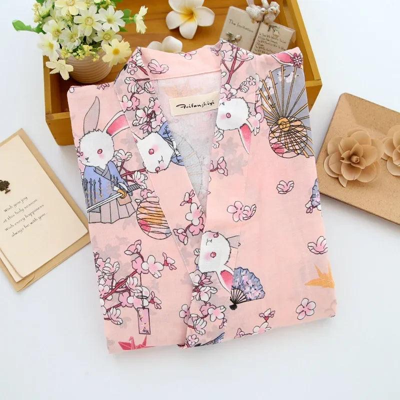 Japanese Style Kimono Pajama Robes Women's Summer Thin Cotton Gauze V-neck Simple Loose Nightgown Ladies Lounge Lace Up Bathrobe