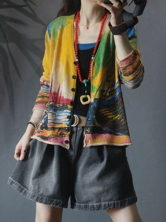 Women's Cardigans Loose V Neck Graphic Ladies Knit Sweaters Outerwear Fall 2024 Lightweight Korean Streetwear Fashion Hot Y2k