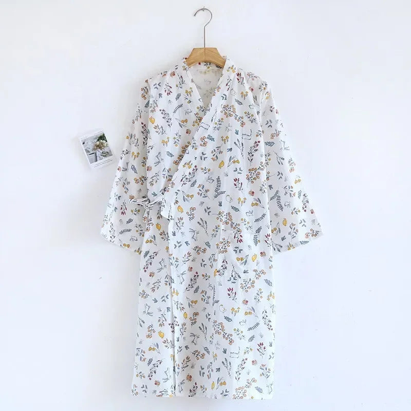 Japanese Style Kimono Pajama Robes Women's Summer Thin Cotton Gauze V-neck Simple Loose Nightgown Ladies Lounge Lace Up Bathrobe