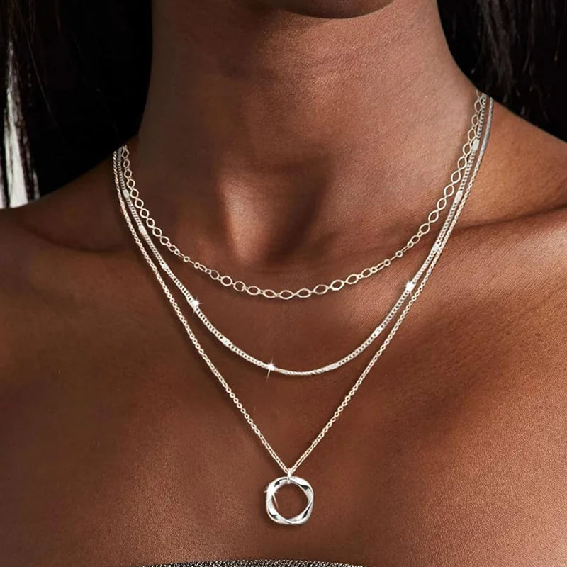 Layered 925 Silver Plated Stackable Stack Choker Necklaces Trendy Layering Circle Pendant Chain Necklace Jewelry for Women Girls