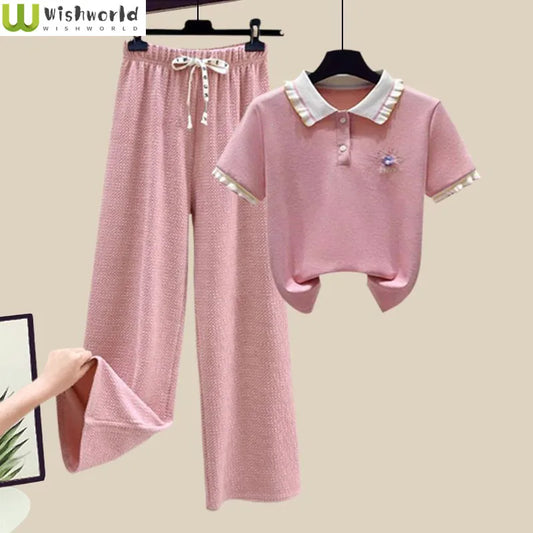 Summer Fashion Women's Set New Embroidered POLO Short Sleeved T-shirt Women+Casual Wide Leg Pants Two Piece Set