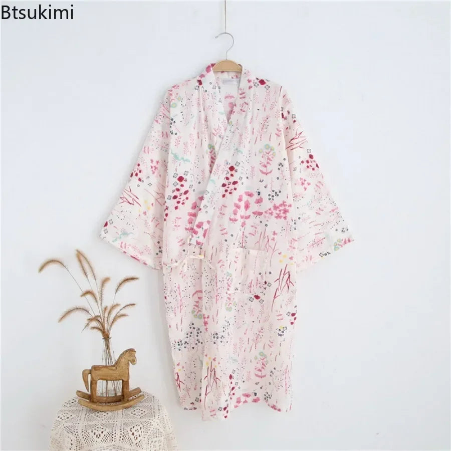 Japanese Style Kimono Pajama Robes Women's Summer Thin Cotton Gauze V-neck Simple Loose Nightgown Ladies Lounge Lace Up Bathrobe