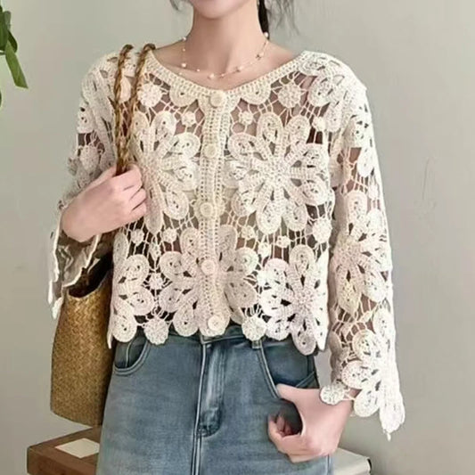 Button Down Crochet Cardigan Openwork Floral Knit Top Biknini Cover Up Women Spring Summer Boho Chic Vacation Beach Outfit