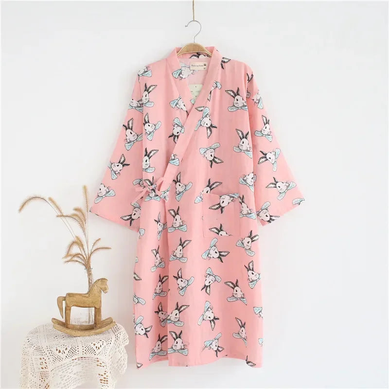 Japanese Style Kimono Pajama Robes Women's Summer Thin Cotton Gauze V-neck Simple Loose Nightgown Ladies Lounge Lace Up Bathrobe