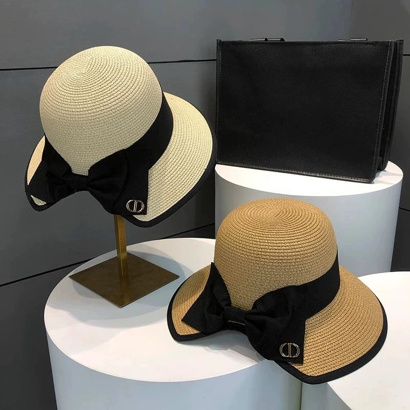 Summer Girls Sun Hats Wide Brim Bowknot Straw Hat with Ribbon Outdoor Sun Protection Women Hats Soild Color Ladies Panama Caps