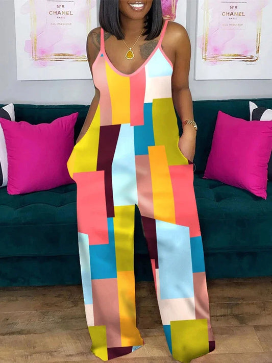 Jumpsuits for Women 2025 Spring Fashion Geometric Print Spaghetti Strap Casual V-Neck Sleeveless Pocket Design Long Jumpsuit