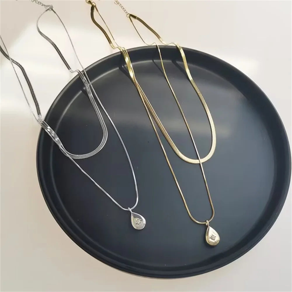 Double lLayer Water Droplet Necklace Popular, Niche, Simple, Layered Collarbone Chain, Sweet And Cool Style