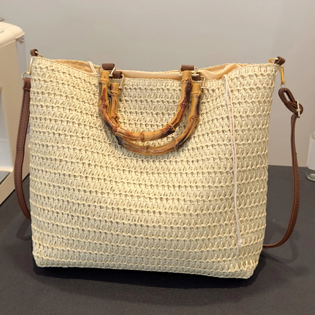 Women Straw Woven Handbag Handmade Straw Bag Large Capacity Tote Clutch Bags with Bamboo Handle Drawstring for Outdoor Travel