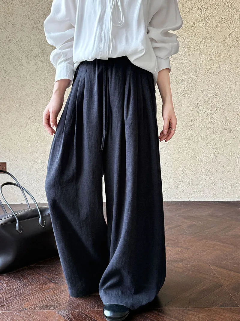 Linen Cotton Long Pant Elastic Waist Casual Slimming Wide Leg Pants For Women's Summer