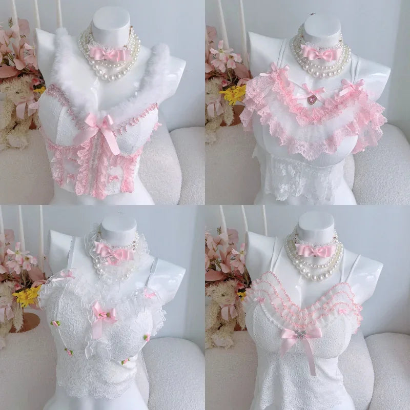Lolita Style Crop Top Women Summer Cute Cropped Lace Trim Bow Decoration Sweet Lovely Slim Tops for Girls Kawaii Clothes