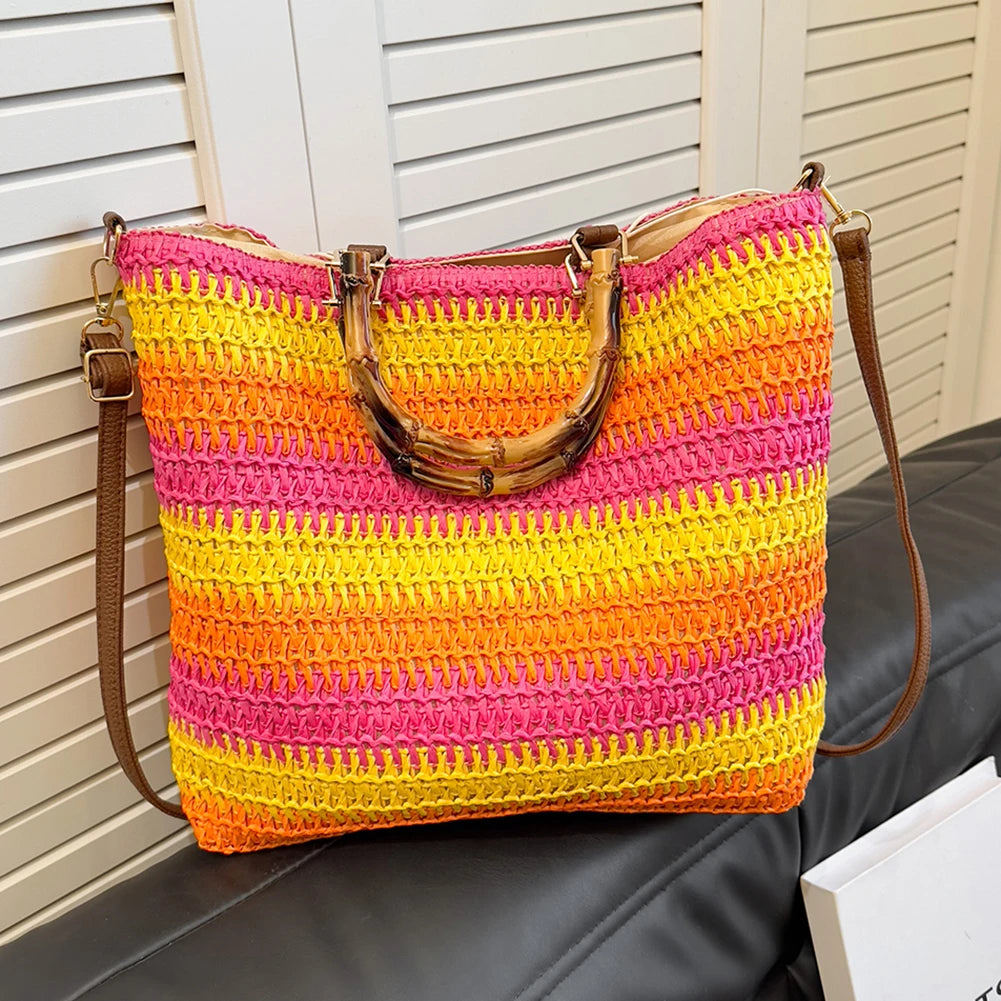 Women Straw Woven Handbag Handmade Straw Bag Large Capacity Tote Clutch Bags with Bamboo Handle Drawstring for Outdoor Travel