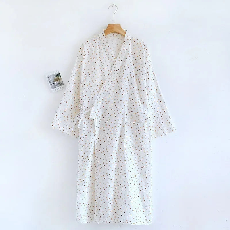 Japanese Style Kimono Pajama Robes Women's Summer Thin Cotton Gauze V-neck Simple Loose Nightgown Ladies Lounge Lace Up Bathrobe