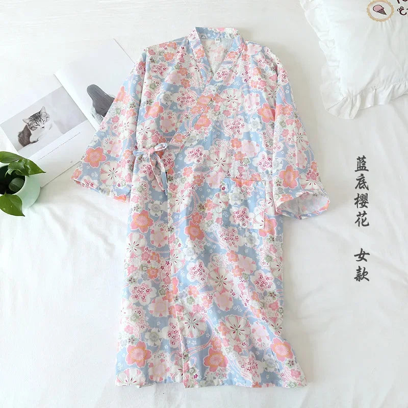 Japanese Style Kimono Pajama Robes Women's Summer Thin Cotton Gauze V-neck Simple Loose Nightgown Ladies Lounge Lace Up Bathrobe