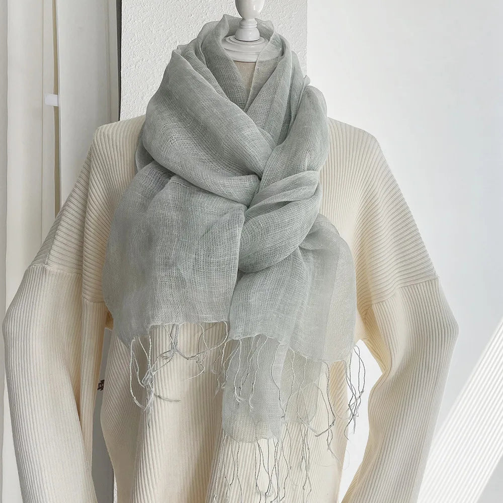 Men/Women Tassels Linen Scarves Shawls Wraps Autumn Sunscreen Linen Scarf Women's Solid Color Tassel Shawl for Women