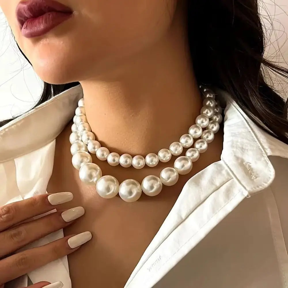 Double Layered Beaded Imitation Pearl Necklace Luxury Elegant Exaggerated Pearl Earrings Imitation Pearl Temperament