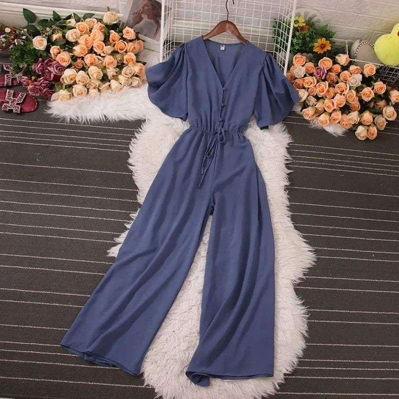 American Women Jumpsuits Fashion V Neck Lace up Loose Wide Legs Pants 2024 New Summer OL Solid Buttons Bodysuitsd