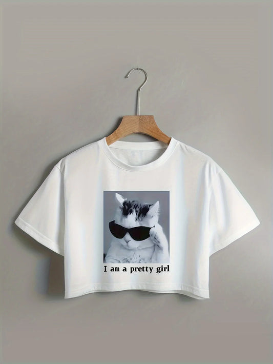 Crop Top Cat Letter Print Cropped T-Shirt Casual Crew Neck Short Sleeve T-Shirt for Spring Summer Women's Clothing