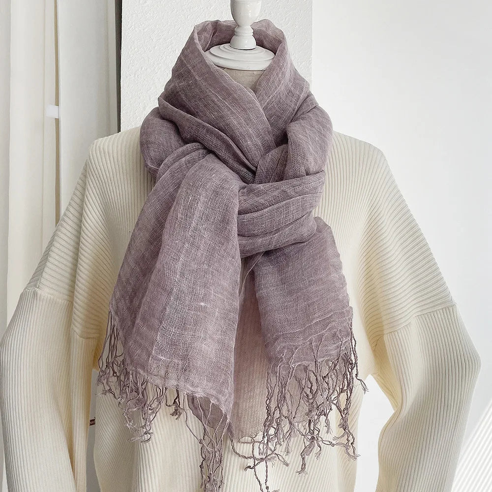 Men/Women Tassels Linen Scarves Shawls Wraps Autumn Sunscreen Linen Scarf Women's Solid Color Tassel Shawl for Women