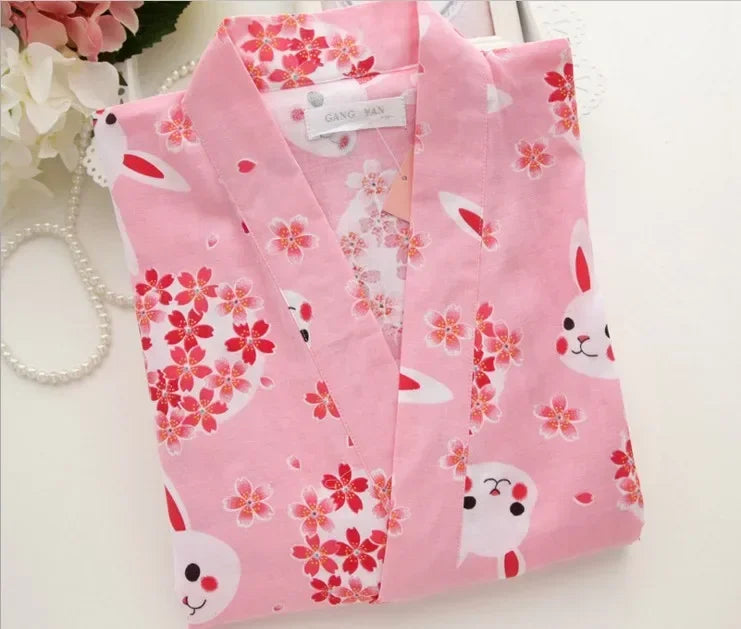 Japanese Style Kimono Pajama Robes Women's Summer Thin Cotton Gauze V-neck Simple Loose Nightgown Ladies Lounge Lace Up Bathrobe