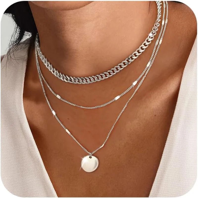Layered 925 Silver Plated Stackable Stack Choker Necklaces Trendy Layering Circle Pendant Chain Necklace Jewelry for Women Girls