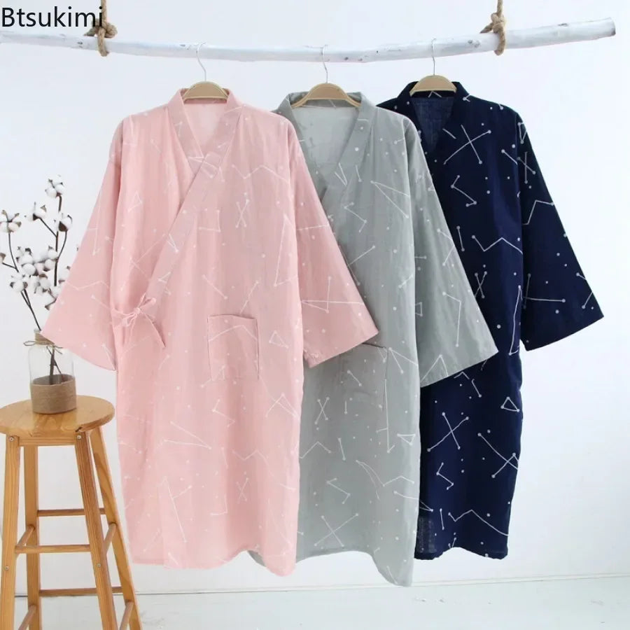 Japanese Style Kimono Pajama Robes Women's Summer Thin Cotton Gauze V-neck Simple Loose Nightgown Ladies Lounge Lace Up Bathrobe