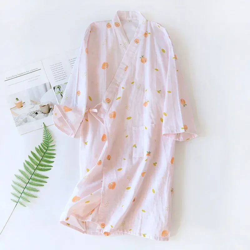 Japanese Style Kimono Pajama Robes Women's Summer Thin Cotton Gauze V-neck Simple Loose Nightgown Ladies Lounge Lace Up Bathrobe