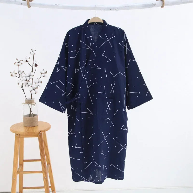 Japanese Style Kimono Pajama Robes Women's Summer Thin Cotton Gauze V-neck Simple Loose Nightgown Ladies Lounge Lace Up Bathrobe
