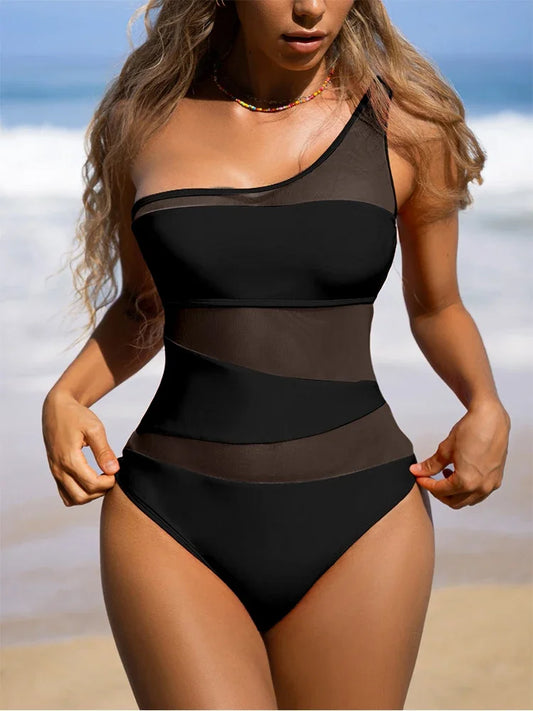 Sexy One Shoulder Mesh Patchwork One-pieces Swimwear Women 2023 New Hollow Out High Cut Women's Swimsuit Monokini Push Up Bikini