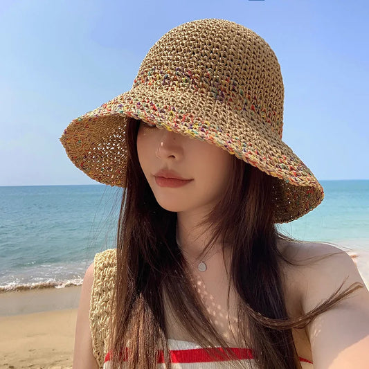 Summer Straw Sun Hats for Women Showing Face Small Bucket Hat Large Brim Sunshade and Sunscreen Seaside Beach Cap