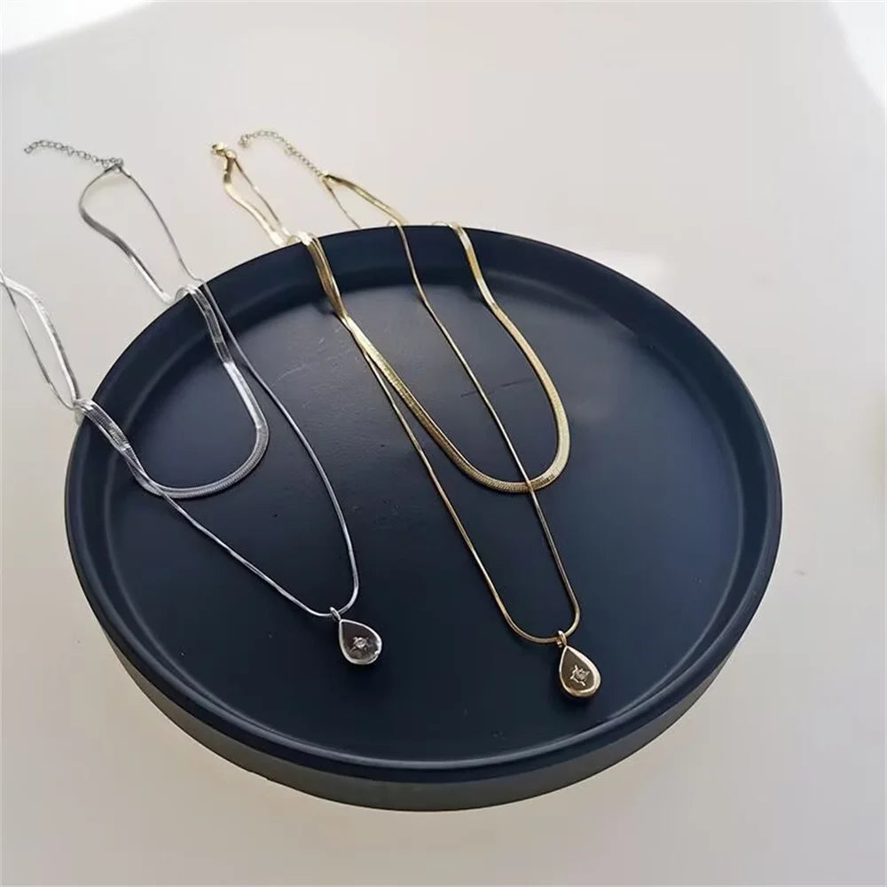 Double lLayer Water Droplet Necklace Popular, Niche, Simple, Layered Collarbone Chain, Sweet And Cool Style