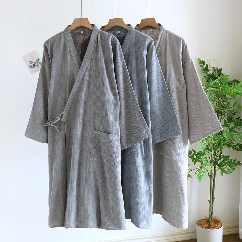 Japanese Kimono Pajama Tie Up Bathrobe Men's Spring Summer Thin Pure Cotton Color Woven Oversized Bathrobe Sweat Steamed Suit