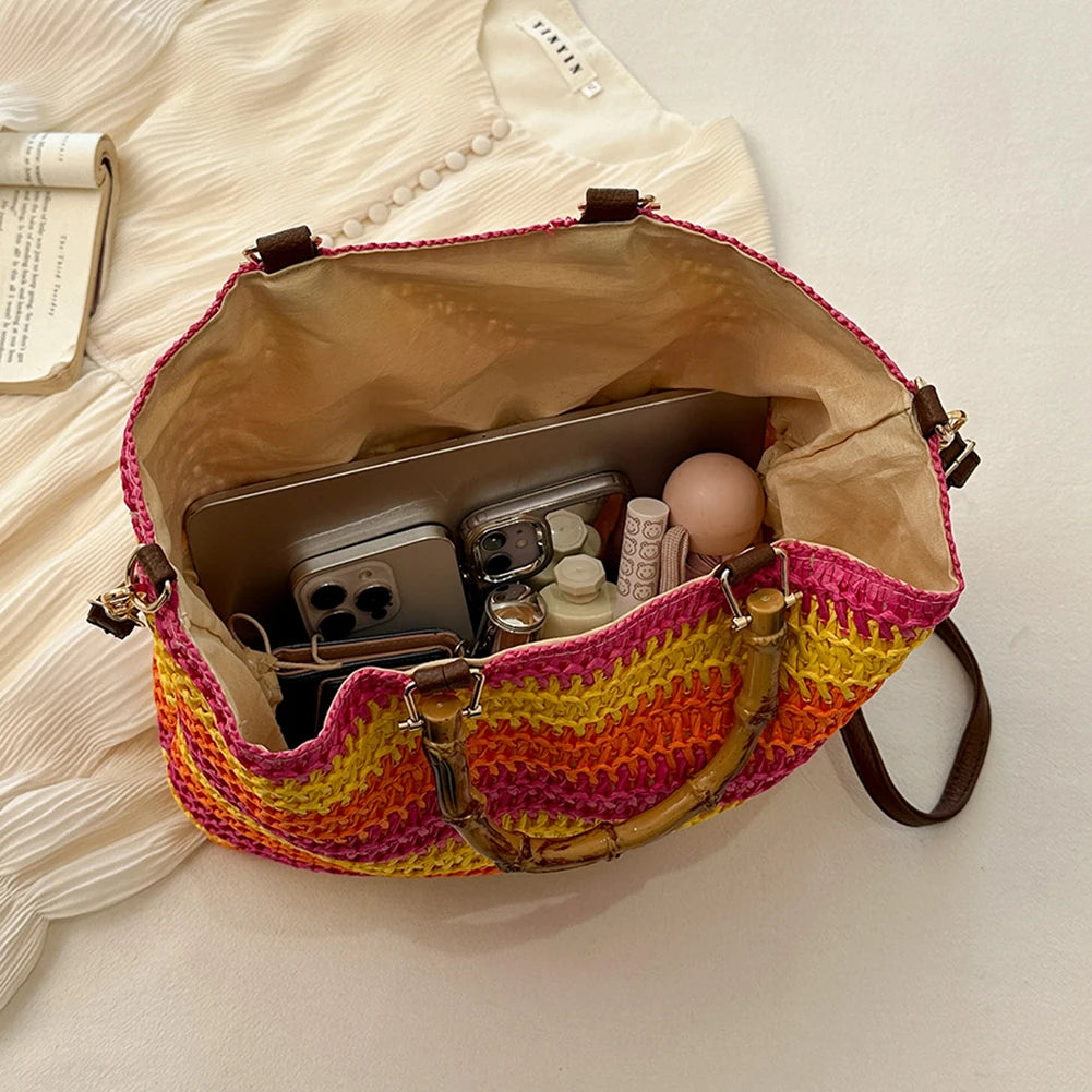 Women Straw Woven Handbag Handmade Straw Bag Large Capacity Tote Clutch Bags with Bamboo Handle Drawstring for Outdoor Travel