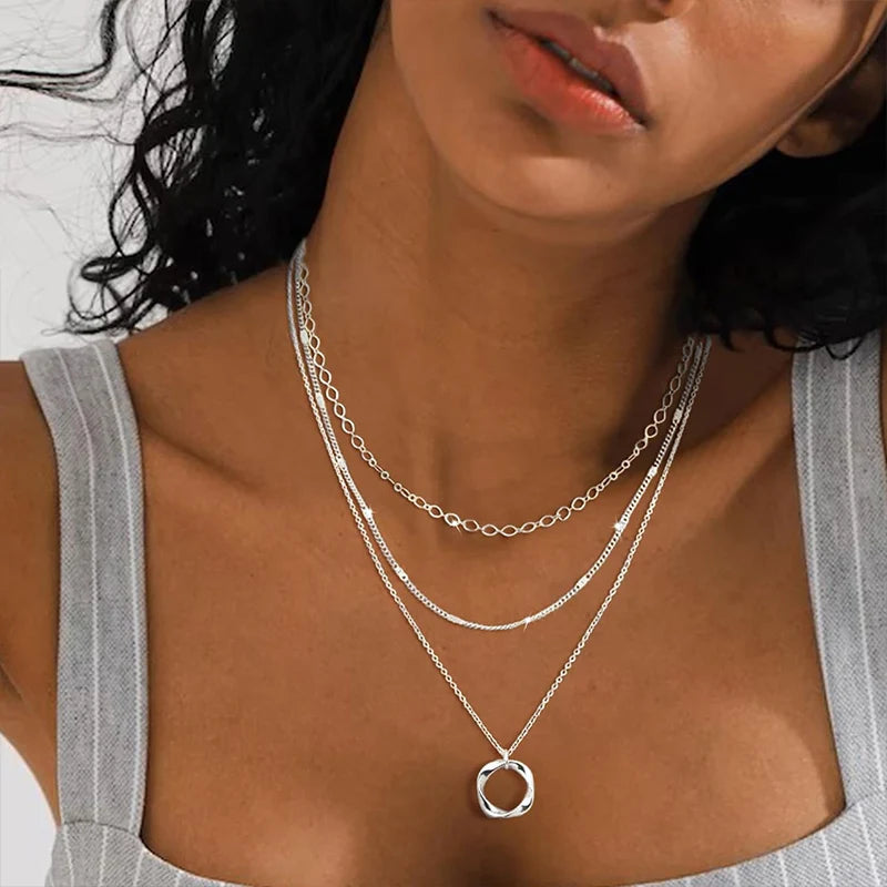 Layered 925 Silver Plated Stackable Stack Choker Necklaces Trendy Layering Circle Pendant Chain Necklace Jewelry for Women Girls