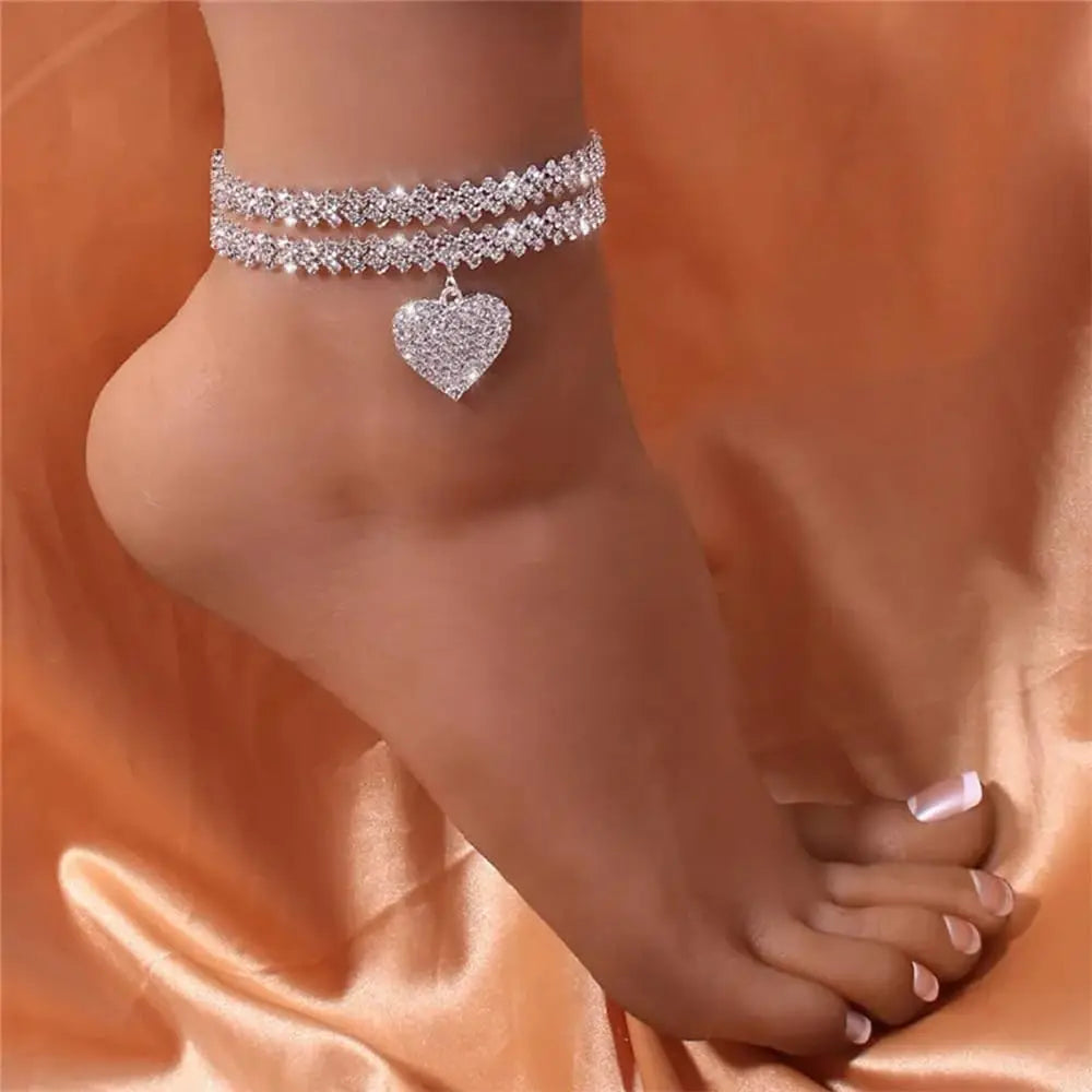 Silver Diamond Anklets for Women Cross Heart Butterfly Bracelet Large Ankle Tennis Rhinestone Plus Size Beach Foot Jewelry