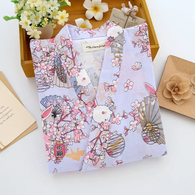 Japanese Style Kimono Pajama Robes Women's Summer Thin Cotton Gauze V-neck Simple Loose Nightgown Ladies Lounge Lace Up Bathrobe