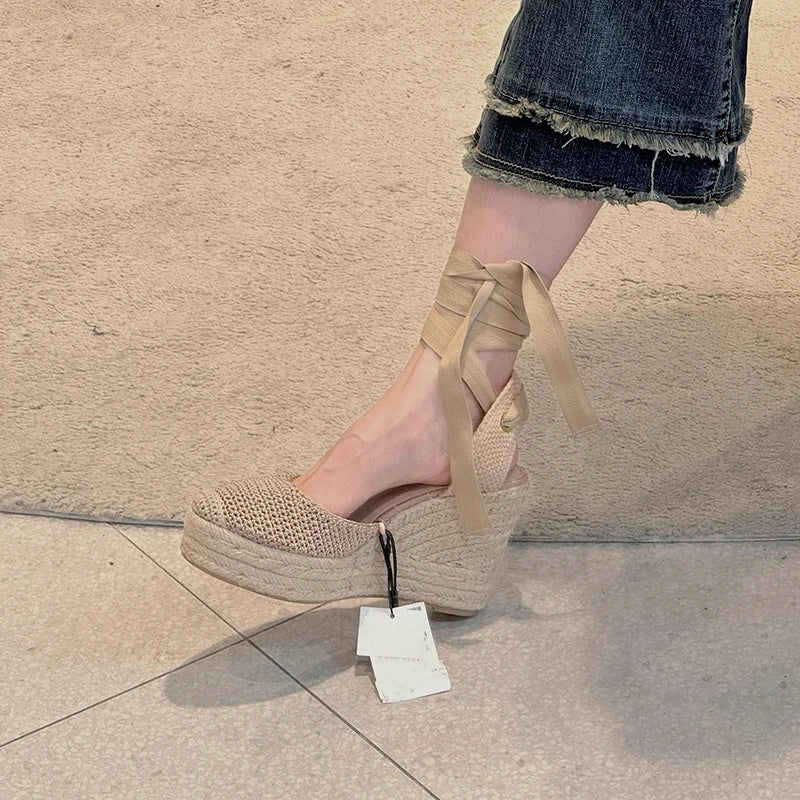Wedges Platform Sandals Espadrilles Ankle Lace Up Round Toe Hollow Vintage Holidays Shoes Slingback Unique Women Summer Footwear