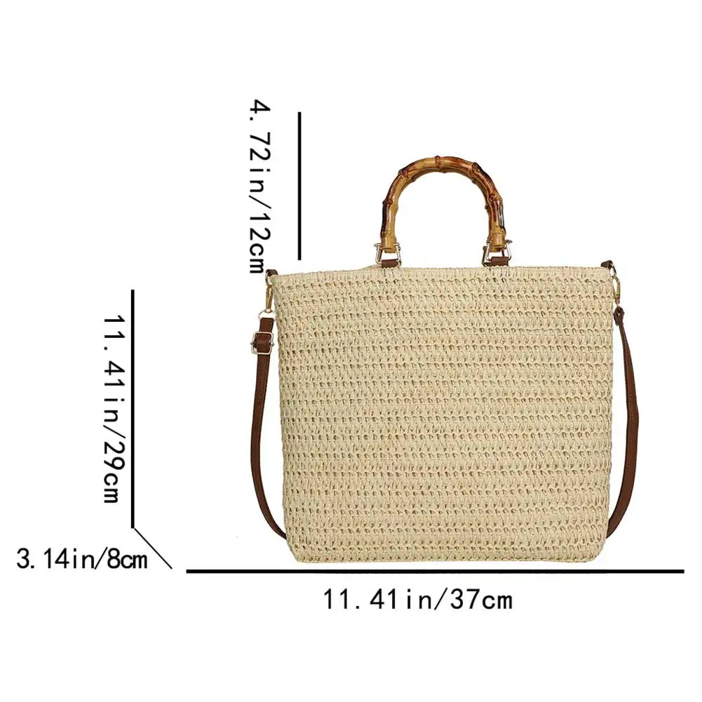 Women Straw Woven Handbag Handmade Straw Bag Large Capacity Tote Clutch Bags with Bamboo Handle Drawstring for Outdoor Travel