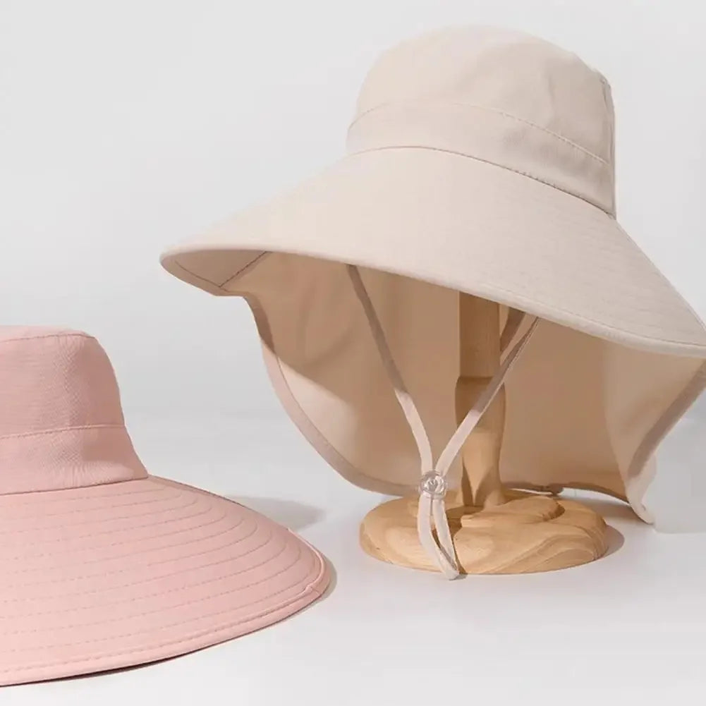 Summer Large Brim Sun Hats For Women Outdoor UV Anti Neck Protection Sun Visors Lady Fishing Hiking Shawl Sunscreen Cap